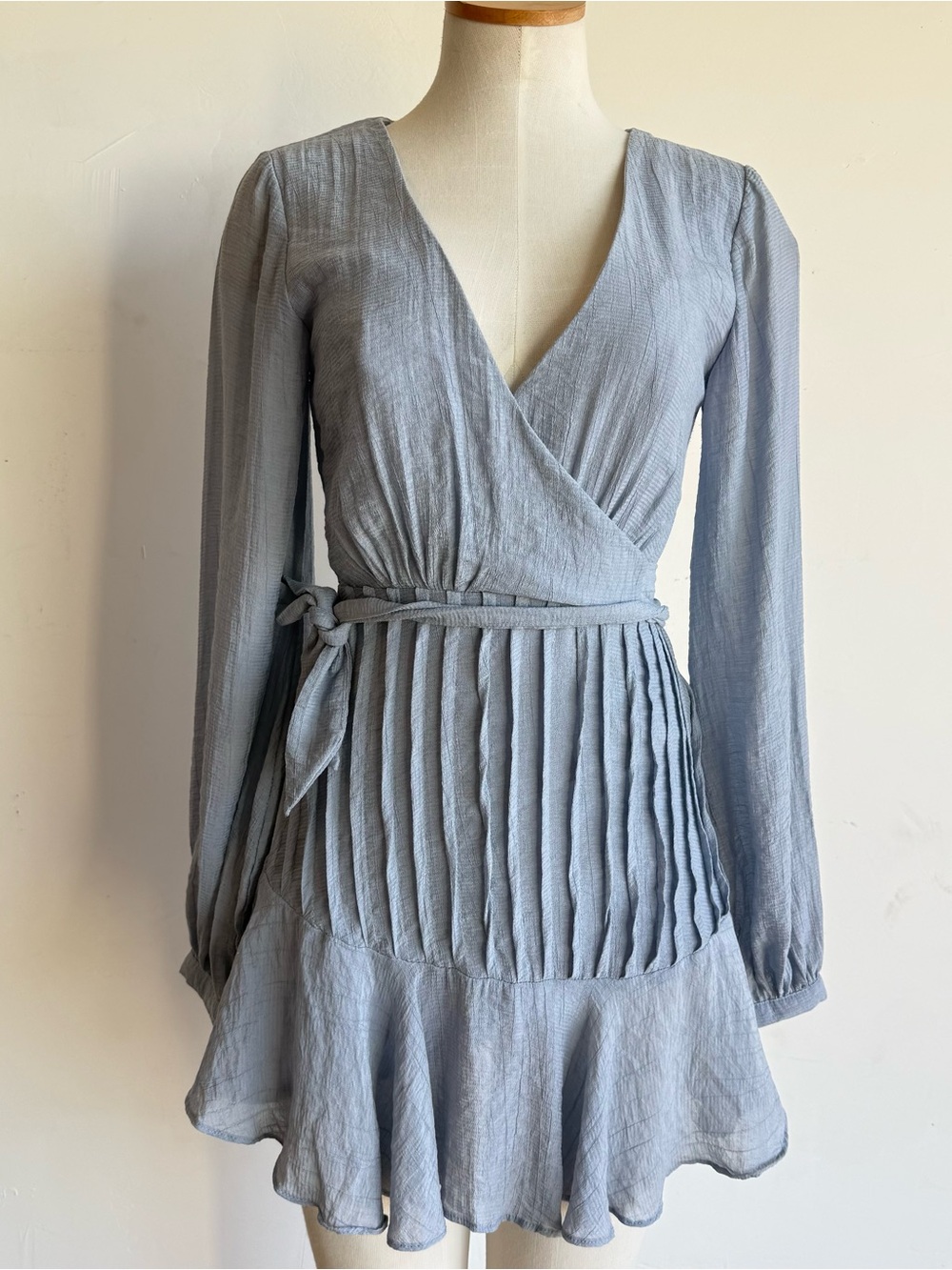 Here comes the sun Pleated Wrap Mini Dress XS Light Blue Puff  long sleeves